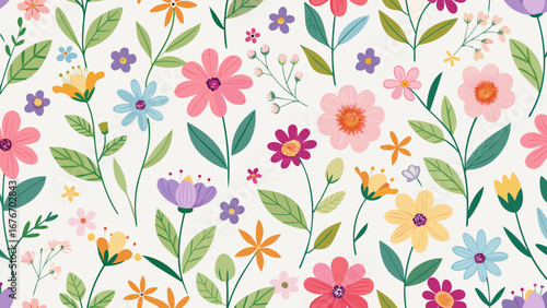 Vector art of seamless floral pattern with colorful flowers and leaves on a, perfect for textile, wallpaper, and decorative designs