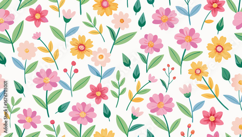 Vector art of seamless floral pattern with cute flowers and leaves for spring and summer design, textile, fabric, background, wallpaper and wrapping paper