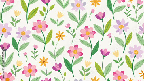 Vector art of seamless floral pattern with cute flowers and leaves, perfect for spring and summer designs and decorations