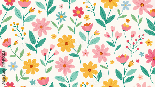 Vector art of delicate floral pattern featuring pastel flowers, leaves, and branches, creating a soft and charming design, ideal for spring and summer projects