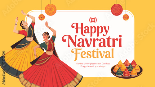 Happy Navratri illustration with dancing women in colorful attire, festive ornaments, and sweets on yellow background celebrating divine joy