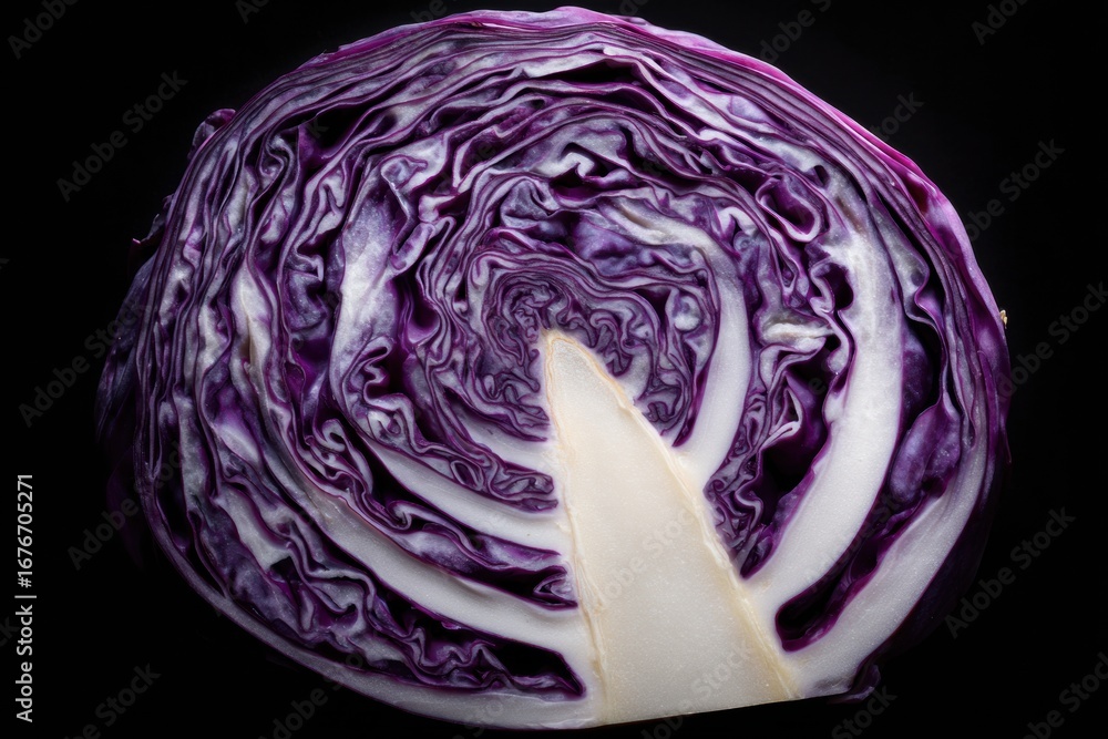 Fototapeta premium artistic cross section of red cabbage head with organic spiral layers purple colors on dark background concept of healthy eating vegetarian cooking and farm produce marketing