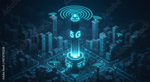 Aerial View of a Futuristic Cityscape with a Dominant Central Tower Displaying 5G Wireless Technology in a Pixelated Isometric Style