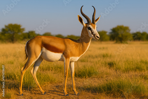 Antelope standing in grassy savanna with clear sky and trees in natural wildlife scene