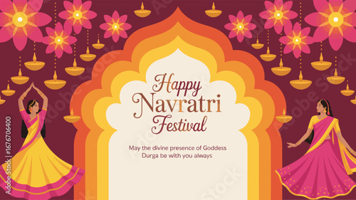Happy Navratri illustration with dancing women in traditional attire under floral arch with lamps, celebrating devotion and divine presence