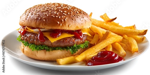delicious burger with fries and ketchup on a white plate isolated on transparent cutout background.
