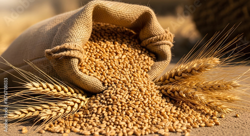 Wheat seeds spilling from a jute sack and ripe ears