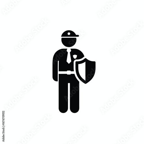 Security guard with shield in uniform, protecting and defending.