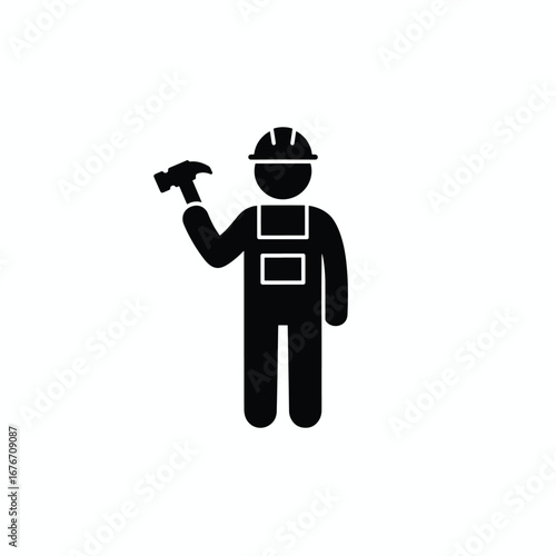 Construction worker with hammer wearing a helmet and uniform, pictogram style.