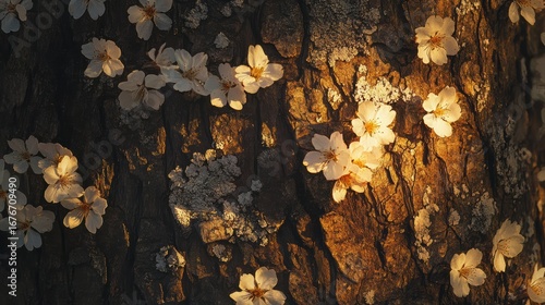 A close-up view of cherry blossom petals against a textured tree bark, illuminated by soft light, capturing the beauty of nature's details.