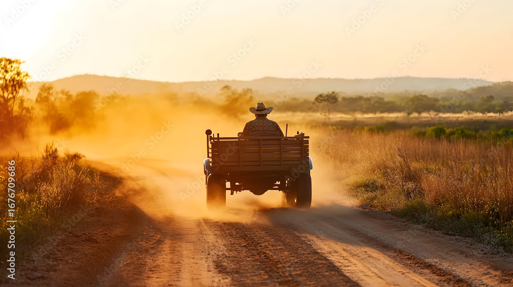 Fototapeta premium A person drives a vehicle down a dusty road at sunset.
