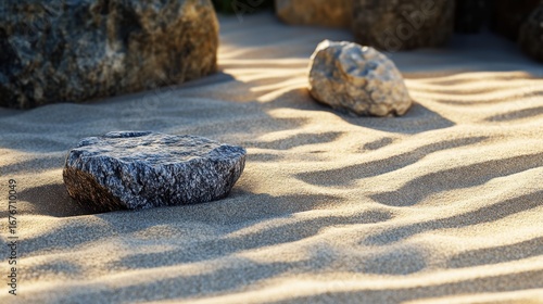 A serene beach scene featuring smooth stones resting on rippled sand, illuminated by soft sunlight, creating a tranquil atmosphere.