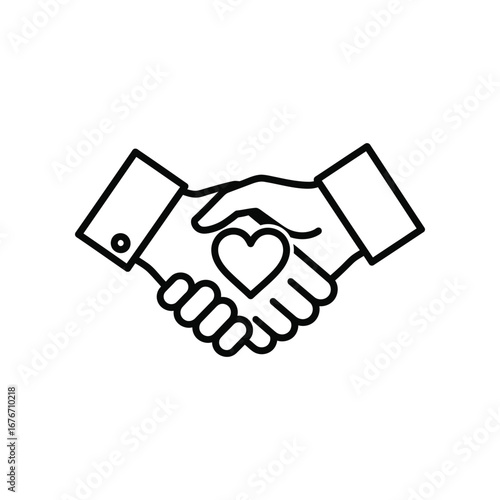 Compassionate Connection: A minimalist illustration captures two hands in a handshake, symbolizing unity and compassion. The heart at the center signifies a bond of care, trust, and shared values.