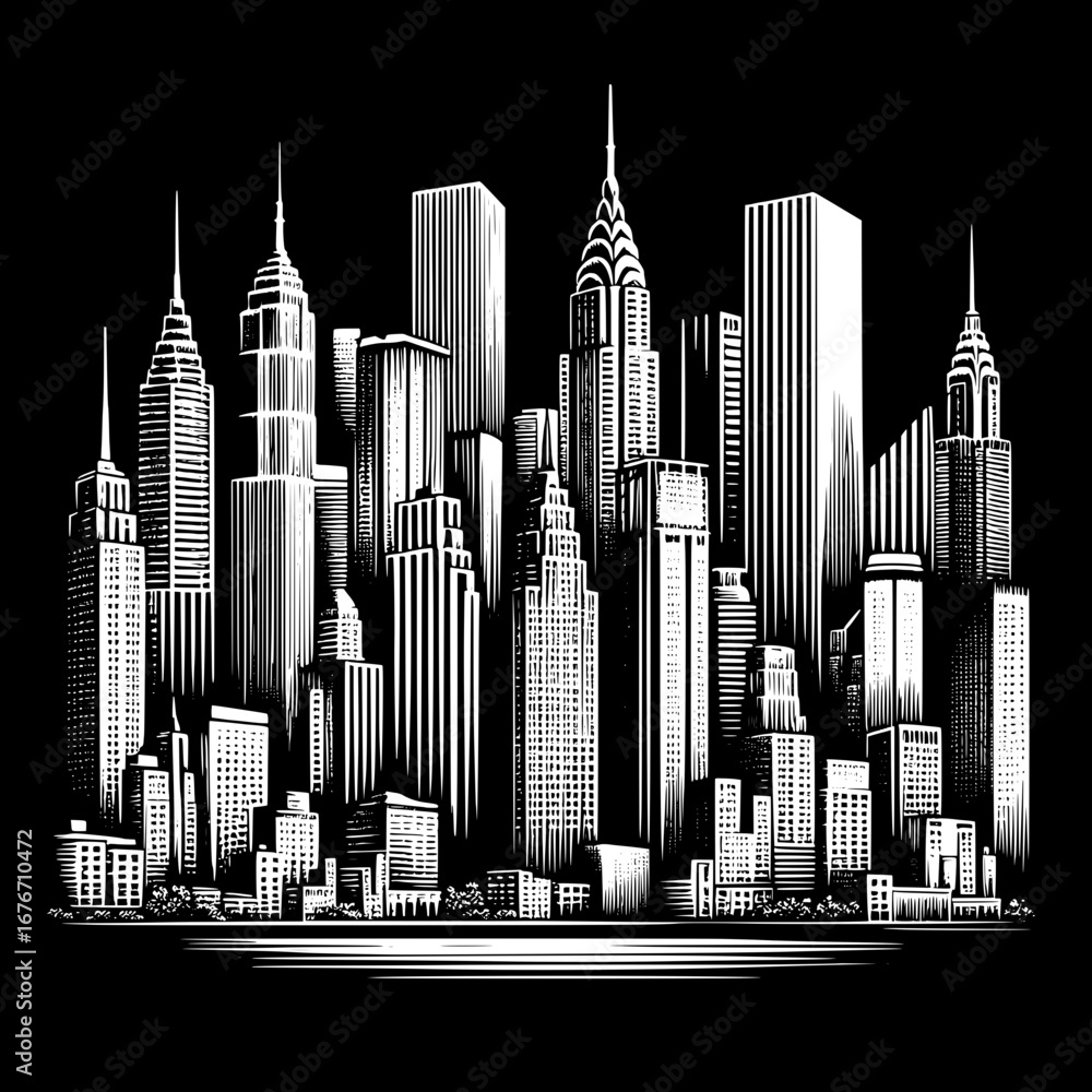 Fototapeta premium Black and White Vector Silhouette T-Shirt Design of a City Skyline