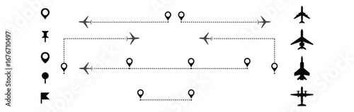 Air plane flight path with dotted line trace. Aircraft tracking icon. Travel, journey, and tourism concept vector.
