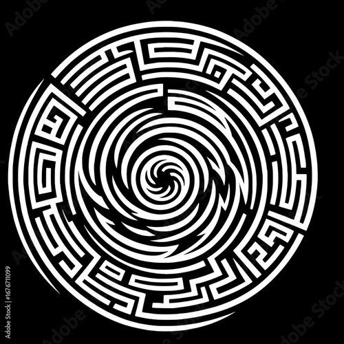 Black and White Vector Silhouette T-Shirt Design of Circular Maze