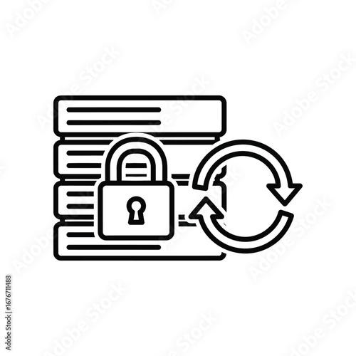 Secured Data Backup Icon: A symbolic representation of data security, featuring a stack of files shielded by a padlock with a circular arrows symbolizing the backup process.