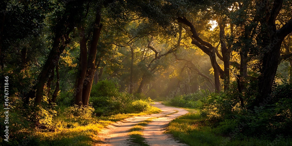 Naklejka premium sunlit pathway through verdant forest canopy golden hour illumination on winding road.