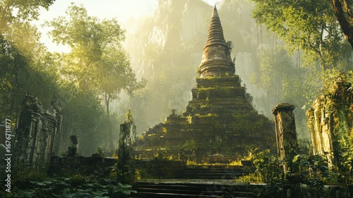 A serene ancient temple is enveloped by lush greenery, set against majestic mountains, creating a mystical and tranquil atmosphere.