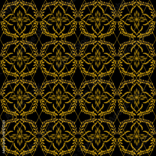 Intricate gold floral and geometric patterns on a black background, creating a luxurious and traditional aesthetic.

