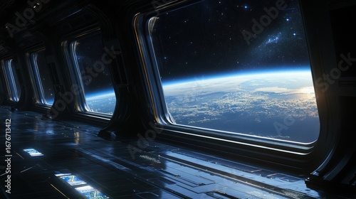 A futuristic view from a spacecraft window, showcasing Earth from space, illuminated by distant stars against a dark backdrop.