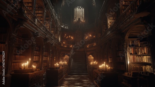 A grand, dimly lit library with towering shelves filled with books, illuminated by candles, featuring an ornate staircase and gothic architecture.