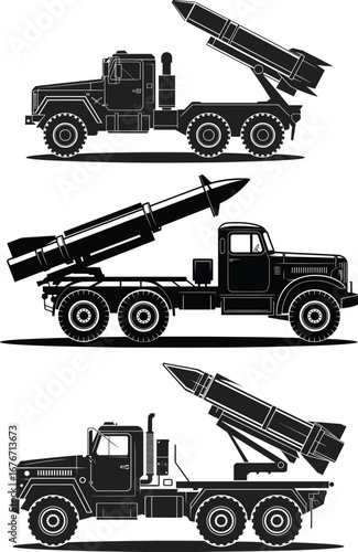 Military Missile Truck Silhouette, Army Rocket Launcher Vehicle Illustration.