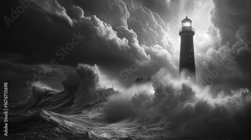 A dramatic lighthouse stands tall against turbulent waves and ominous clouds, capturing the power of nature in monochrome.