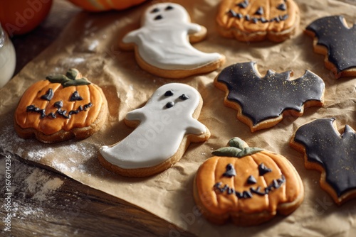 Fototapeta Naklejka Na Ścianę i Meble -  closeup of halloween sugar cookies with white ghost orange pumpkin black bat and spiderweb icing on rustic background, festive dessert concept of gastronomy holiday catering design