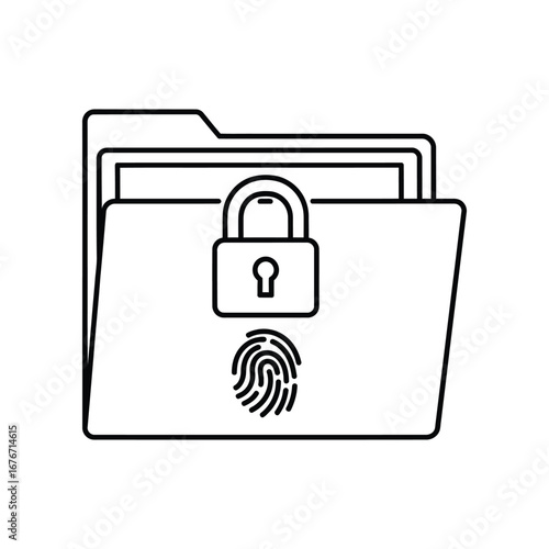 Secure Digital File: A minimalist, high-contrast illustration of a secured digital file, rendered in sleek lines and featuring a padlock and fingerprint, symbolizing data security.