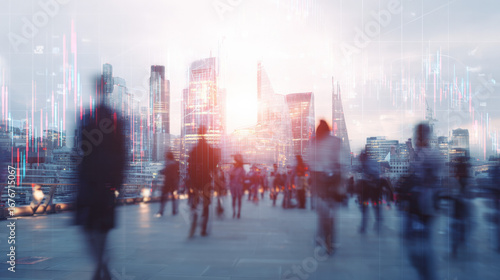 A city skyline with people moving, symbolizing the dynamic nature of the labor market and economic forces.