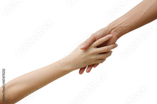 female hand extending a helping hand on white background, hand isolated on white background