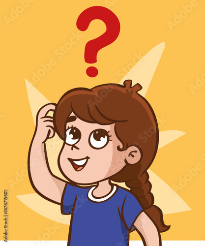 Cartoon kid thinking pose, vector illustration of thinking child with confused expression, education concept