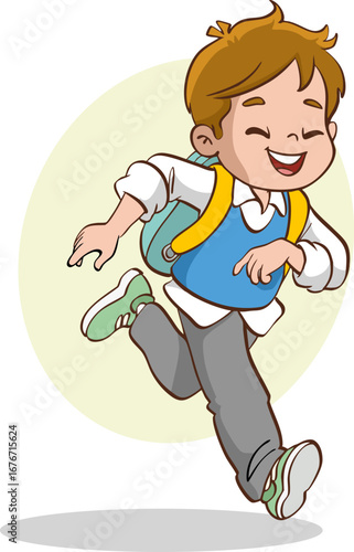 Cartoon vector illustration of cute happy little schoolboy walking to school with backpack