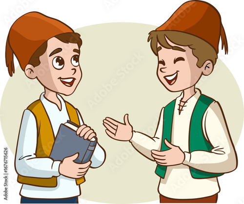 muslim children in fez talking vector illustration