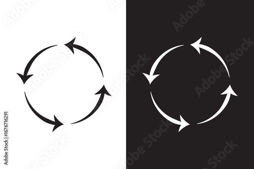 Vector  circle arrows isolated on white, black background. Rotate arrow and spinning loading symbol. Circular rotation loading elements, redo process.