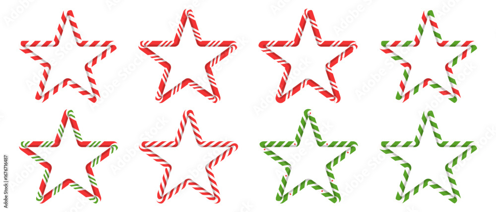 Obraz premium Christmas candy cane stripe border set. Red and green star frames for holiday cards, banners, and winter design.