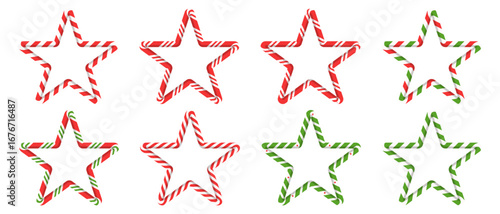 Christmas candy cane stripe border set. Red and green star frames for holiday cards, banners, and winter design.