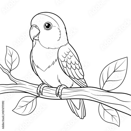 Adorable Anime Style African Lovebird Coloring Page for Kids Detailed Bird Line Art