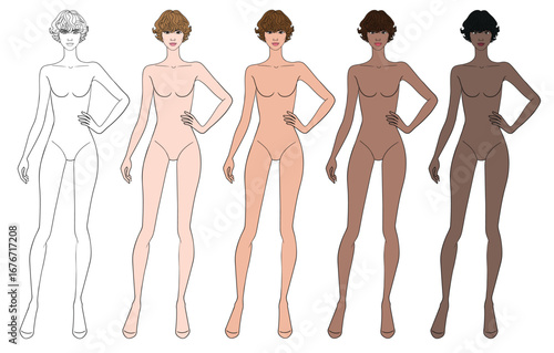 Colored skin tones fashion croquis figurines with hand on hip bouncy curls short hair woman in vector.