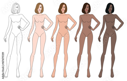 Colored skin tones fashion croquis figurines with bob short hair woman in vector.