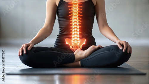 Seated twist pose with glowing spine alignment highlights healthy posture and spinal wellness during yoga practice, promoting calmness and body awareness in serene environment