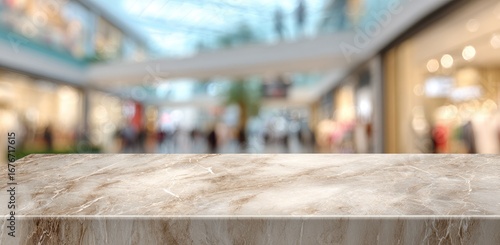 Light beige marble tabletop, out of focus mall interior background
