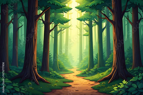 Magical Forest Path Sunlit Trees Cartoon Adventure