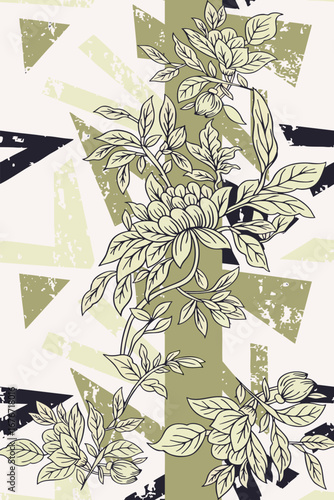 Modern seamless pattern with Chinoiserie floral line art over an abstract geometric background. This artistic collage design features grunge textures and a sophisticated, muted olive-green palette
