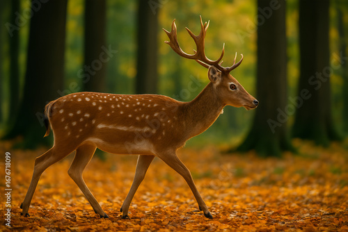 Spotted deer with antlers walking in autumn forest with golden leaves wildlife scene