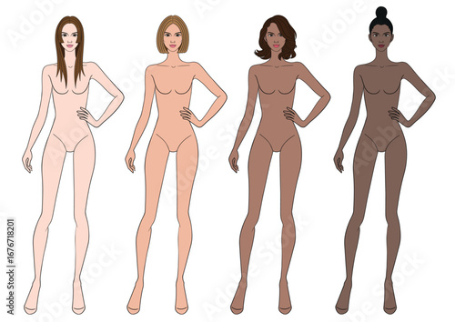 Colored skin tones fashion croquis figurines with hand on hip woman collection in vector.