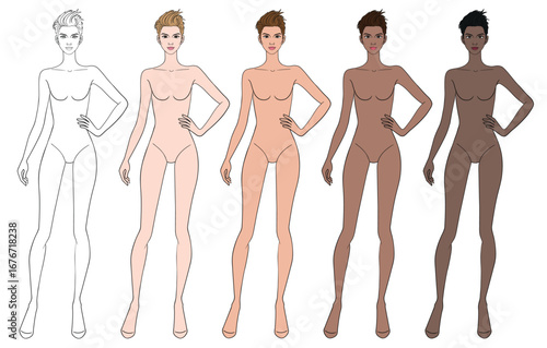 Colored skin tones fashion croquis figurines with hand on hip short hair woman in vector.