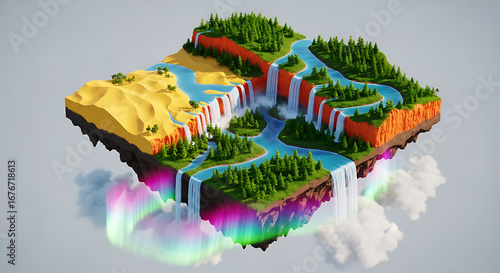 Isometric 3D render of a magical floating island diorama, showcasing contrasting biomes from sandy desert to lush forest with majestic waterfalls