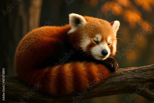 Cute red panda sleeping on a tree branch in forest wildlife photography